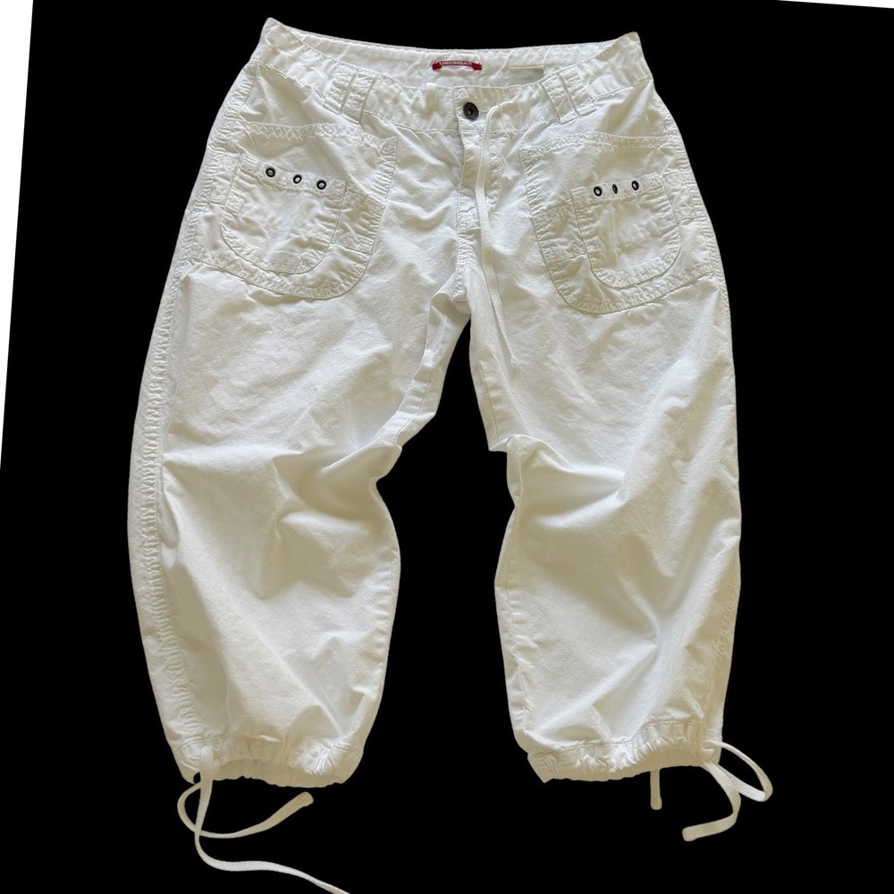 Y2K Unionbay Boho White Cotton Drawstring Capri Pants Utility Cropped Size 7